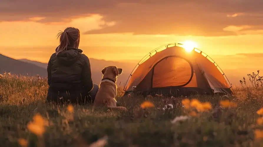 Women hiker Tent Camping With Dogs in mountains