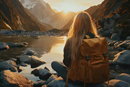 Girl sitting near lake hiking in woods by hikingpirates